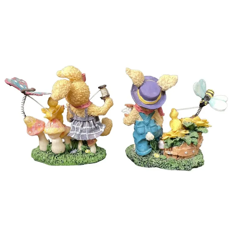 Resin Bunny Rabbit Pair with Bumblebee & Butterfly on Spring Vintage Decor